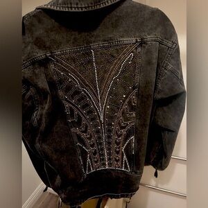 The Kooples Oversized Gray/Black Denim Moto Jacket with embellished back size M